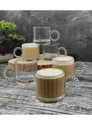 6 Adet Boncuklu Meşrubat Kulplu Bardak Kupa 320ml, Sunum - Tek Ebat